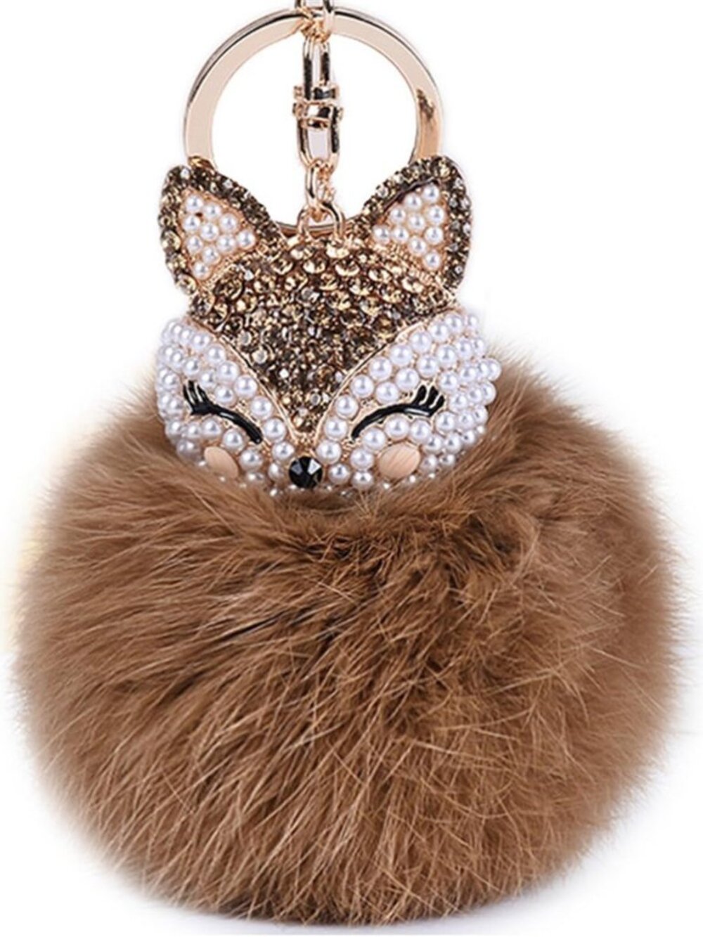 Genuine Fur Ball Pom Pom Keychain with Alloy Fox Head with Synthetic Diamonds fo
